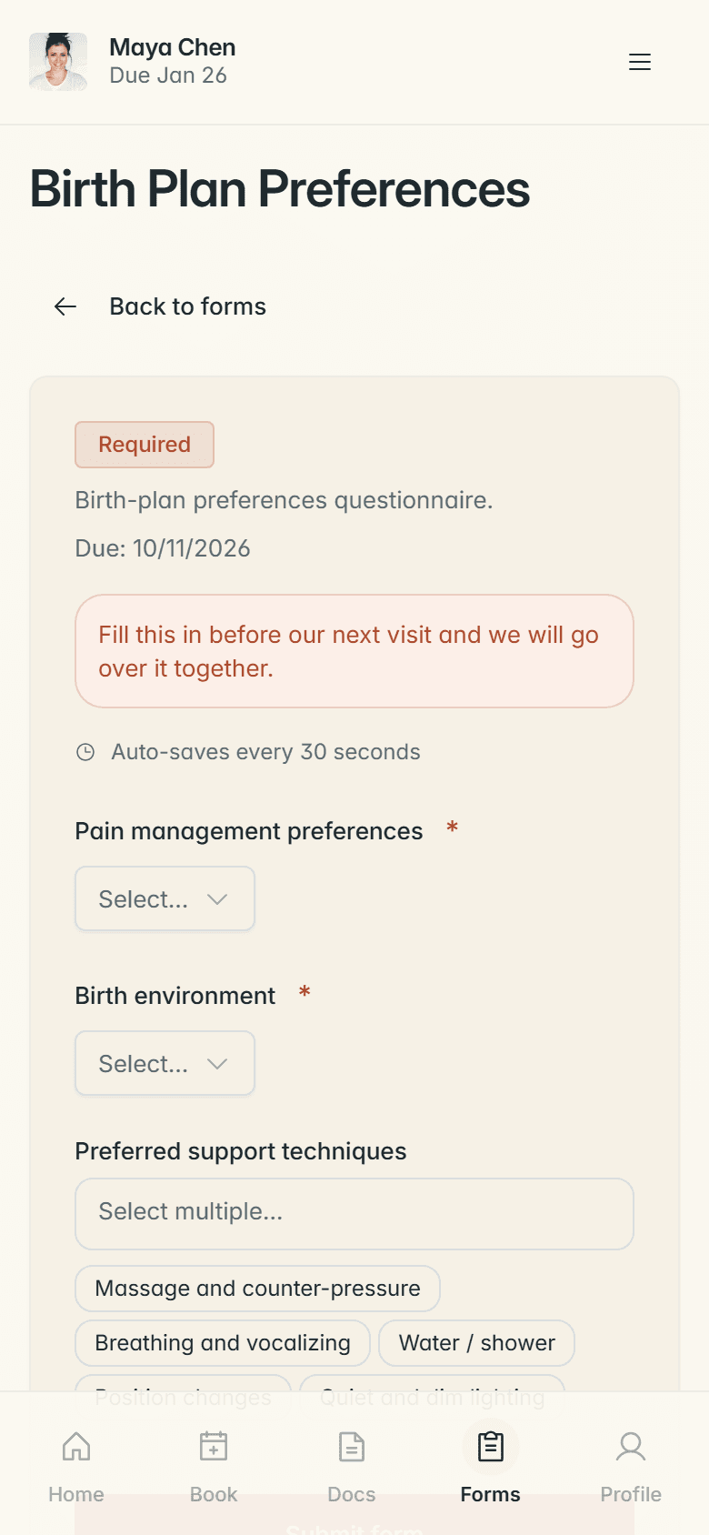 A sample client’s Birth Plan Preferences form in her client portal on a phone, under a note from her doula to fill it in before their next visit.